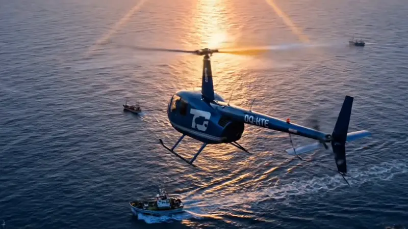R44 con el logotipo de TOP COPTER sobre la flota pesquera al atardecer