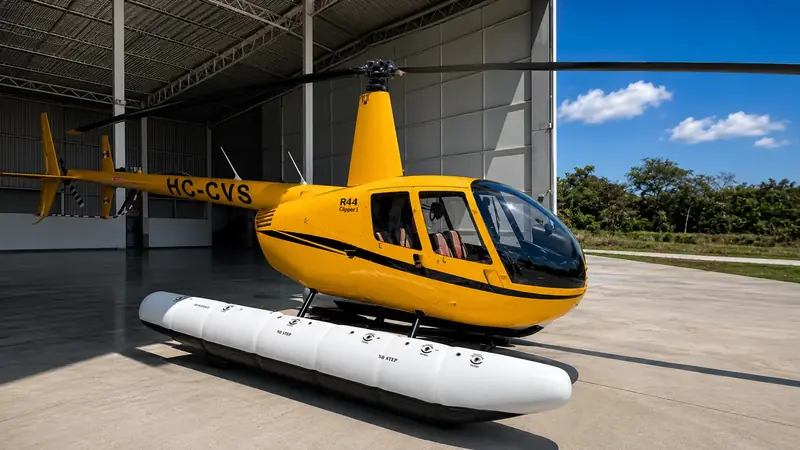 Robinson R44 HC-CVS con flotadores, en la plataforma del hangar